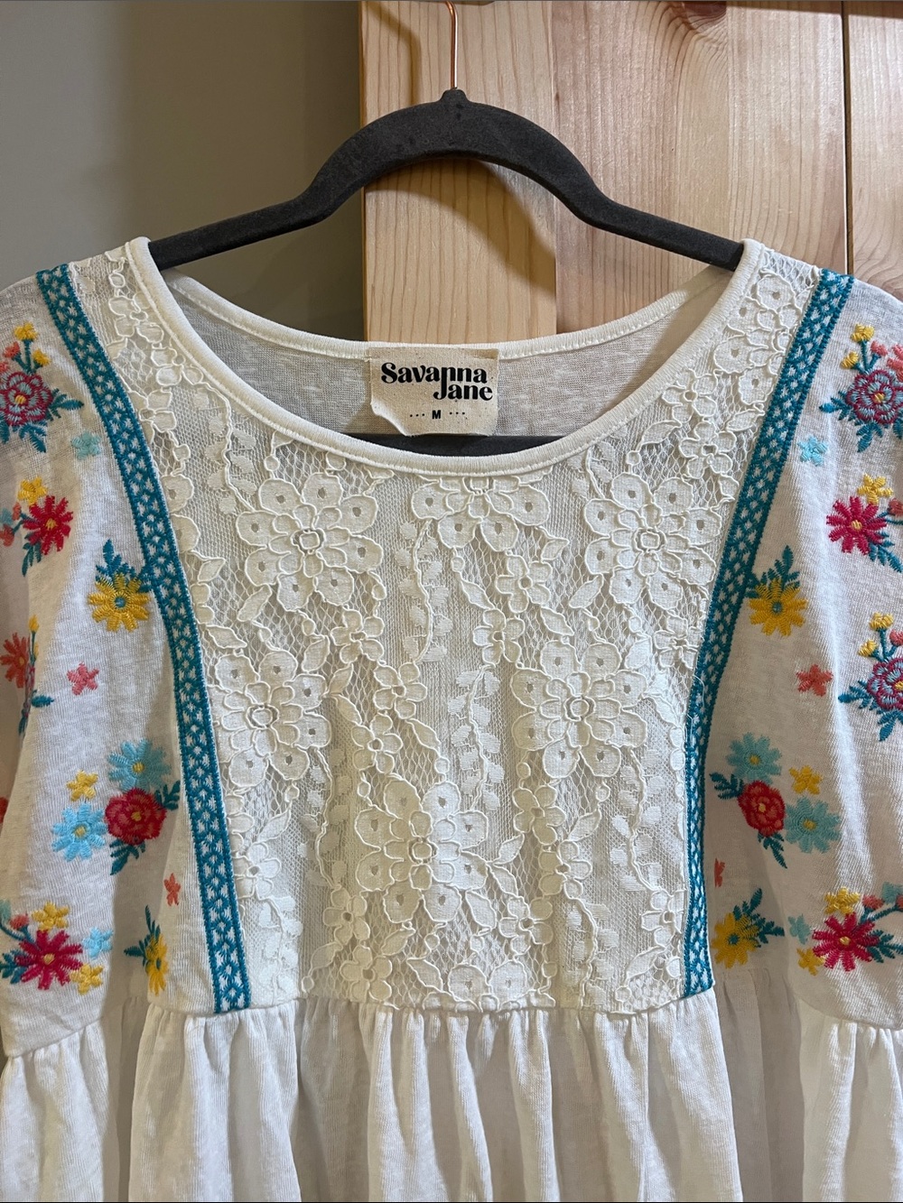 Savanna Jane White Floral Embroidered Lace Peasant Top size medium